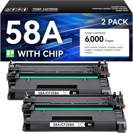 58A Toner Cartridge Black 2-Pack with Chip High Yield Replacement for HP 58A CF258A 58X Compatible with HP Laserjet Pro MFP M428dw M428fdn M428fdw M404dn M404dw M404n Enterprise M430f M406dn Printer