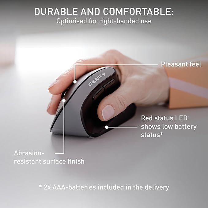CHERRY MW4500 Wireless Vertical Ergonomic Optical Mouse, up to 1200 DPI, 6 Buttons and Scroll Wheel For Laptop, PC, Desktop or Mac. Right Handed.