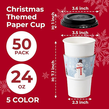 Fit Meal Prep 50 Pack 24 oz Christmas Coffee Cups with Lids Disposable, Sleeves, Leak-Proof To Go Coffee Cups with Lids, Durable Holiday Paper Cups