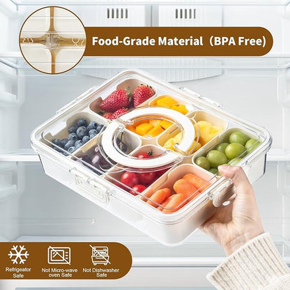 Divided Serving Tray Fresh-keeping Box with Lid&Handle，8 Compartments Snackle Box Charcuterie Container,Snack Box Container for Adults,Travel Snack Tray with Lid for Fruit,Vegetable,Candy,（2 Pack）
