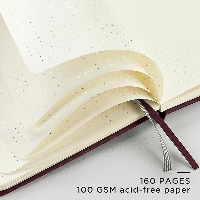 A5 Hardcover Leather Bullet Dotted Journal, 160 Pages 100 gsm Thick Paper，3 Sheets of Stickers Included - 5.7'' x 8''（Dark Red）