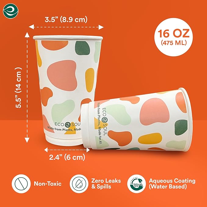 ECO SOUL 16 Oz Disposable Paper Cups,Hot/Cold Beverage Paper Drinking Cups, Leakproof Printed Cups for Cafe, Office, Party (100)
