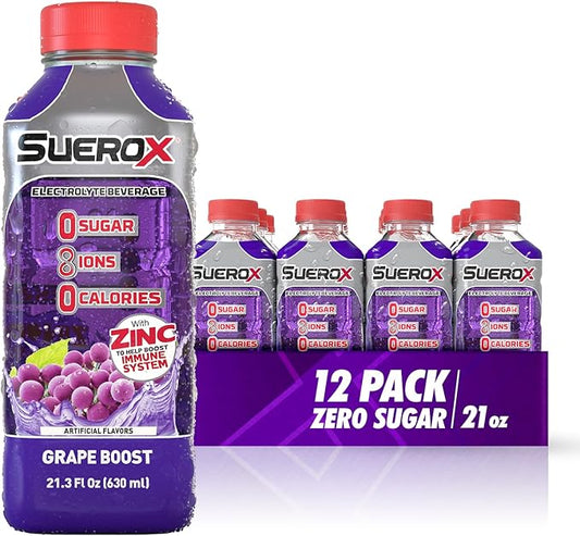 SueroX Sugar Free Sports Drink for Hydration and Recovery, Electrolyte Hydration Drink with 8 Ions, Zero Calorie Sports Drinks, Grape Boost, 21.3 Fl Oz, 12 Count