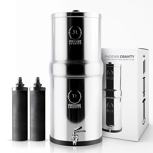 Gravity Water Filter System - 1.5 Gallons NSF Certified AISI 304 Stainless Steel Countertop Water Filter System with 2 Smart (Black) Carbon Filter Elements & Free Stainless Steel Water Spigot (1.5G)
