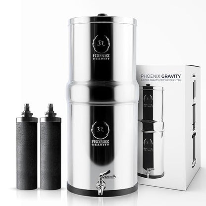 Gravity Water Filter System - 1.5 Gallons NSF Certified AISI 304 Stainless Steel Countertop Water Filter System with 2 Smart (Black) Carbon Filter Elements & Free Stainless Steel Water Spigot (1.5G)
