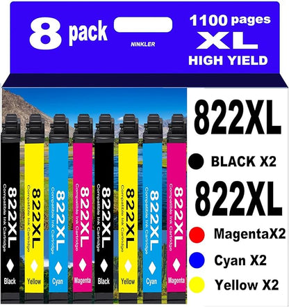 822XL Remanufactured for Epson 822XL Ink Cartridges for 822 XL T822 Workforce Pro WF-3820 WF-3823 WF-4820 WF-4830 WF-4833 WF-4834 Printer 8 Pack 2 Black 2 Cyan 2 Magenta 2 Yellow