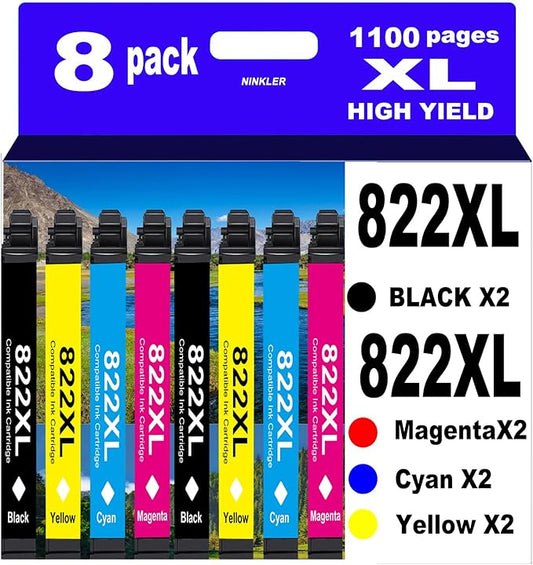822XL Remanufactured for Epson 822XL Ink Cartridges for 822 XL T822 Workforce Pro WF-3820 WF-3823 WF-4820 WF-4830 WF-4833 WF-4834 Printer 8 Pack 2 Black 2 Cyan 2 Magenta 2 Yellow