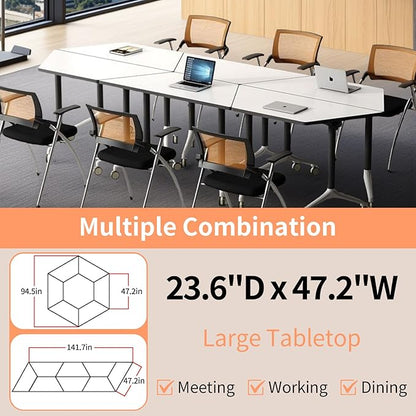 Conference Room Table, 47.2 Inch Folding Conference Tables with Wheels, Modern Office Meeting Table, Easy Flip & Nest Design, Rectangular Seminar Tables with Metal Frame for 2-24 People (L, 4PCS)