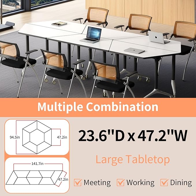 Conference Room Table, 47.2 Inch Folding Conference Tables with Wheels, Modern Office Meeting Table, Easy Flip & Nest Design, Rectangular Seminar Tables with Metal Frame for 2-24 People (L, 8PCS)
