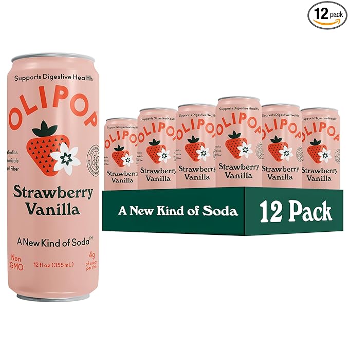 OLIPOP Prebiotic Soda Pop, Strawberry Vanilla, Pantry Pack Packed with Prebiotics, Fiber, and Botanicals, Gluten Free, Vegan, GMO Free, 12oz Skinny (12-Cans)