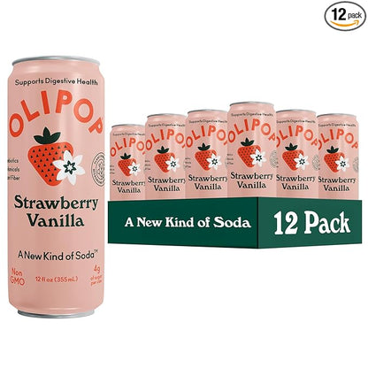 OLIPOP Prebiotic Soda Pop, Strawberry Vanilla, Pantry Pack Packed with Prebiotics, Fiber, and Botanicals, Gluten Free, Vegan, GMO Free, 12oz Skinny (12-Cans)