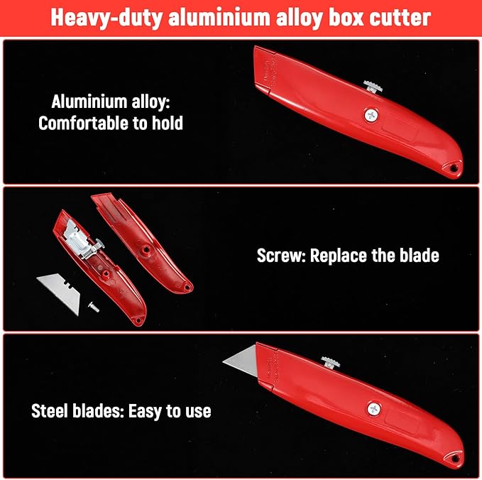 20 Pcs Retractable Utility Knife Box Cutter Aluminum Alloy Carpet Knife Heavy Duty Utility Knives Sharp Razor Blade for Cardboard Box Cartons Opener DIY Home Office (Red)