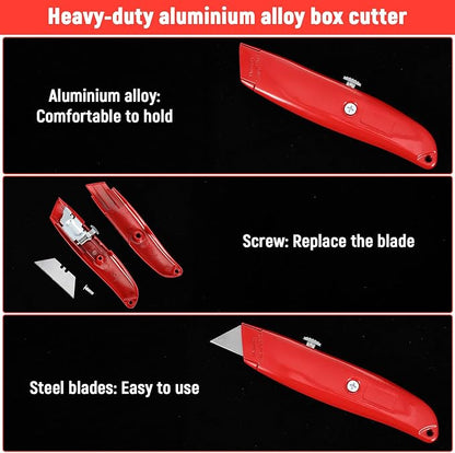 20 Pcs Retractable Utility Knife Box Cutter Aluminum Alloy Carpet Knife Heavy Duty Utility Knives Sharp Razor Blade for Cardboard Box Cartons Opener DIY Home Office (Red)