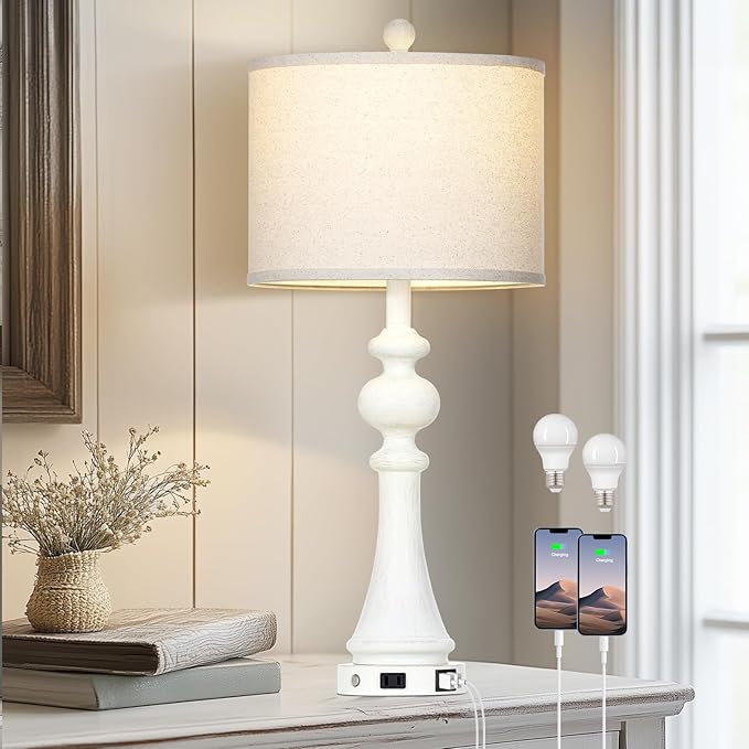 28" Farmhouse Table Lamp with USB A+C Fast Ports & AC Outlets, Vintage Rustic 3-Way Dimmable Touch Control Table Lamp, Rustic Traditional Bedside Nightstand Lamp for Living Room Bedroom White