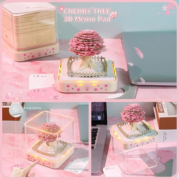 3D Time Piece Calendar 2026 DIY Calendars Tear Away Carving Art 3D Memo Pad Calendar With LED Lights sculpture artsy pads calendar notepad for Desktop Decor-Cherry Tree
