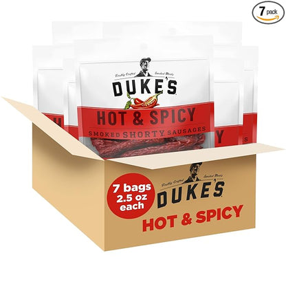Duke's Pork Hot & Spicy Smoked Shorty Sausages, 7g Protein Per Serving, Stocking Stuffer, 2.5 oz. Snack Bags (Pack of 7)