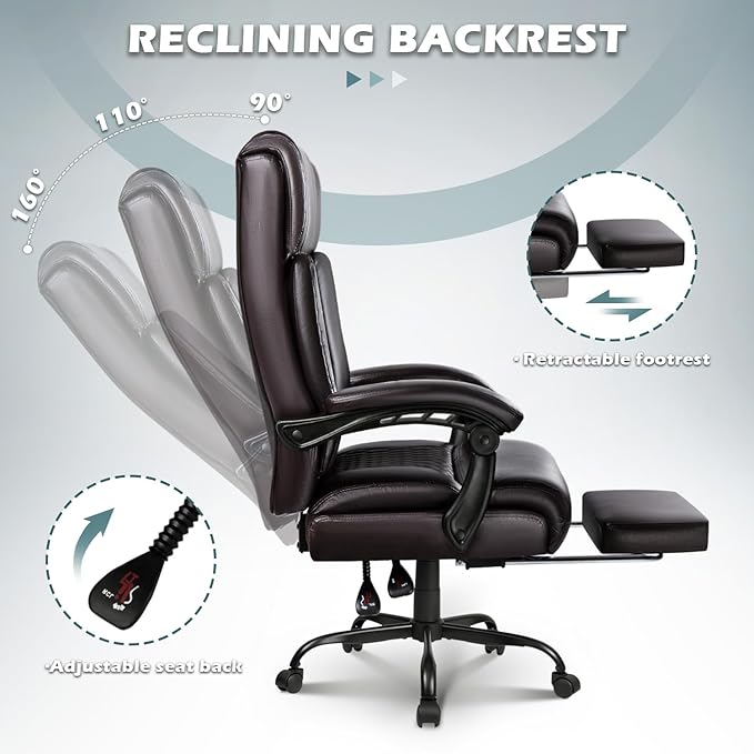 Big and Tall Office Chair with Foot Rest 400lbs, Heavy Duty Executive Leather Office Chair for Heavy People, Comfy High Back Ergonomic Office Desk Chair with Footrest and Lumbar Support, Brown