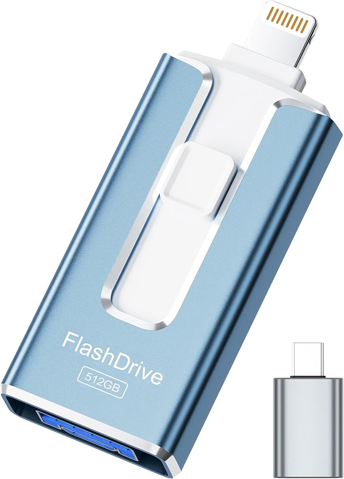 MFi Certified Flash Drive for iPhone iPad 512GB, Photo Stick for External Memory Storage, Easily Back Up and Save Photos Videos, USB Memory Stick Thumb Drive for iPhone/iPad/Android/PC (Sky Blue)