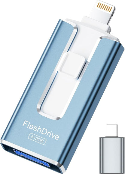 MFi Certified Flash Drive for iPhone iPad 512GB, Photo Stick for External Memory Storage, Easily Back Up and Save Photos Videos, USB Memory Stick Thumb Drive for iPhone/iPad/Android/PC (Sky Blue)