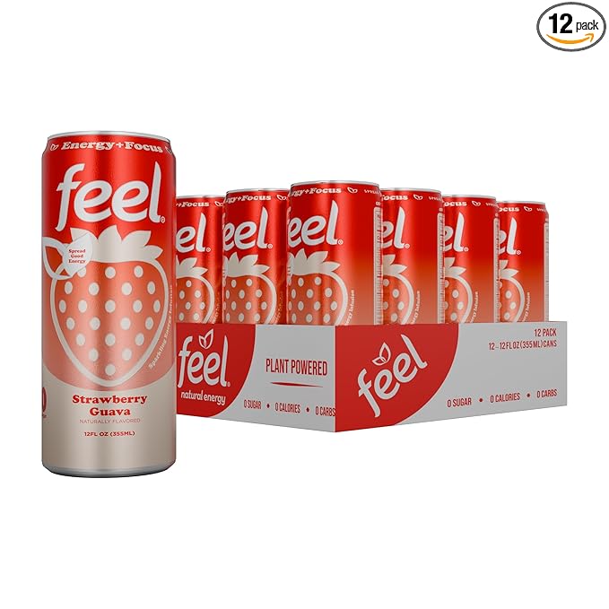 FEEL Zero Sugar Natural Energy Drink – Strawberry Guava, 140mg Plant-Based Caffeine with L-Theanine for Focus, Vitamin C for Immunity, Vegan, Non-GMO, No Artificial Sweeteners, 12 Fl Oz Cans (12-Pack)