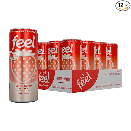 FEEL Zero Sugar Natural Energy Drink – Strawberry Guava, 140mg Plant-Based Caffeine with L-Theanine for Focus, Vitamin C for Immunity, Vegan, Non-GMO, No Artificial Sweeteners, 12 Fl Oz Cans (12-Pack)