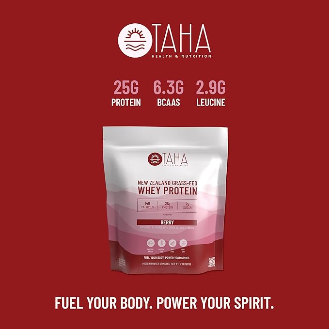 Taha Health & Nutrition Berry Flavored Whey Protein Concentrate Powder, 25g Protein, 140 Calories, 2g Sugar | New Zealand Grass-Fed, Free-Range Dairy | Gluten and Soy Free, Keto, Kosher | 2LB