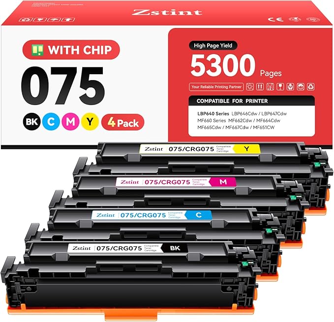 075 Toner Cartridge Set 4-Pack with Chip Replacement for Canon 075 075H Toner Compatible with LBP646Cdw MF662Cdw MF664Cdw MF665Cdw LBP647Cdw LBP640 MF660 Laser Printer Ink Black Cyan Yellow Magenta