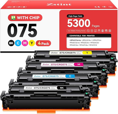 075 Toner Cartridge Set 4-Pack with Chip Replacement for Canon 075 075H Toner Compatible with LBP646Cdw MF662Cdw MF664Cdw MF665Cdw LBP647Cdw LBP640 MF660 Laser Printer Ink Black Cyan Yellow Magenta