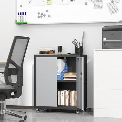 LUCYPAL Metal Storage Cabinet with Wheels,Garage Storage Cabinets with Locking Doors and Adjustable Shelves,Utility Tool Cabinet for Office,Home,Garage,Classroom,Black+Grey