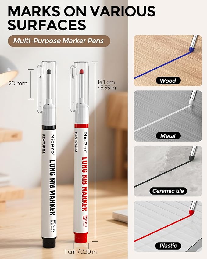 Nicpro 8 PCS Long Nib Marker Pens, 20mm Deep Hole Marker, Quick Dry & Waterproof Construction Markers, Long Head Markers for Metal, Steel, Tile, Glass, Carpenter Marking Pen for Woodworking