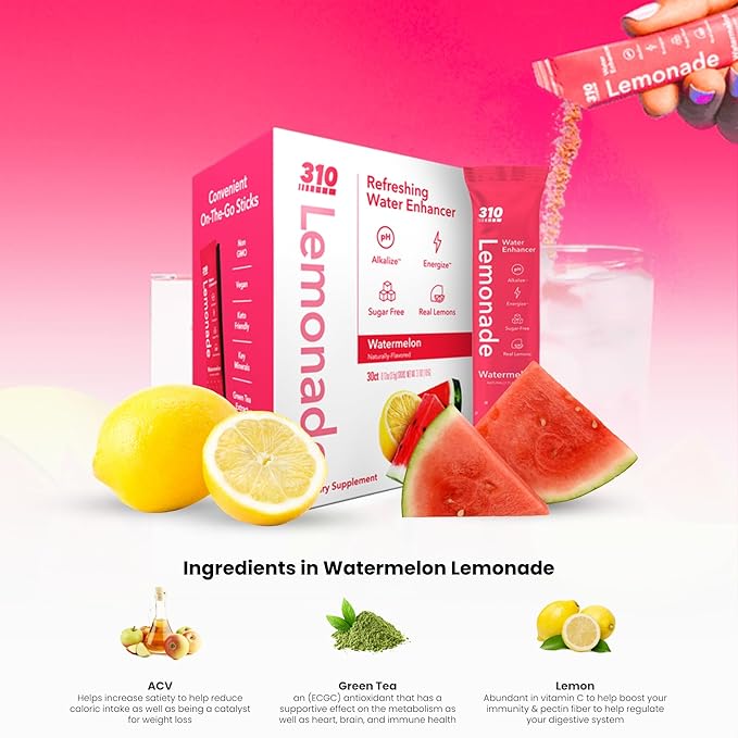 310 Nutrition Electrolyte Lemonade Powder No Sugar - Watermelon Water Flavoring Packets - Hydration & Energy Drink Mix - Zero Sugar, Low Calorie Water Enhancer - 30 Singles - Made in The USA