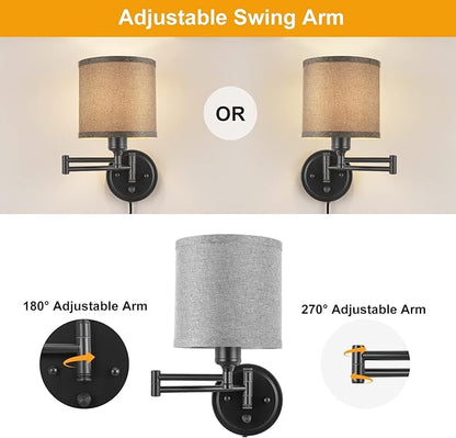 Dimmable Plug in Wall Sconces, Swing Arm Wall Lamp, Wall Sconces Set of Two, Plug in Wall Light, Sconces Wall Decor Set of 2, Grey Fabric Shade, 2pcs Bulbs Included