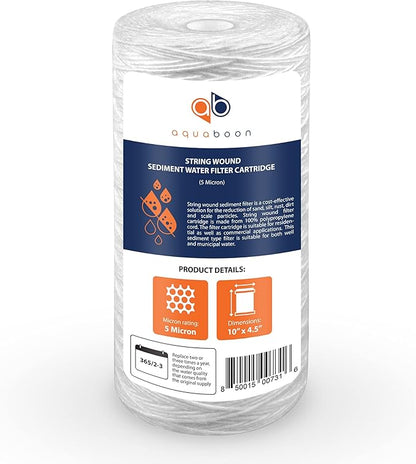 Aquaboon 5 Micron Water Filter 10 x 4.5 inch - String Wound Water Filter for Whole House System - Compatible with 84637, WPX5BB97P, PC10, 355214-45, 355215-45, WP10BB97P, WP5BB97P (6 Pack)