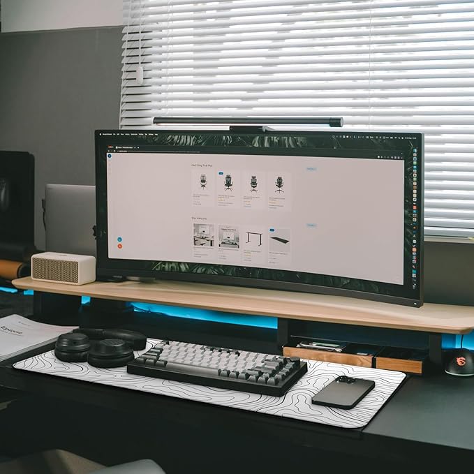 Large Computer Mouse Pad with Non-Slip Base for Desktop, Cute Gaming Mouse Mat with Stitched Edges, Long Extended Anime Mousepad for Laptop, 31.5 x 11.8 inches (White Topographic Map)