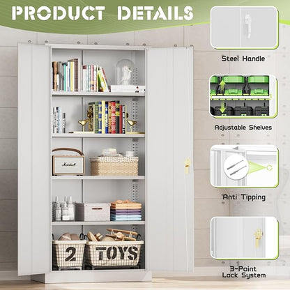 SUNCROWN 72" Metal Storage Cabinet - Heavy-Duty Metal Garage Cabinet with 4 Adjustable Shelves & 2 Doors for Tools, Office, Home, Workshop,White
