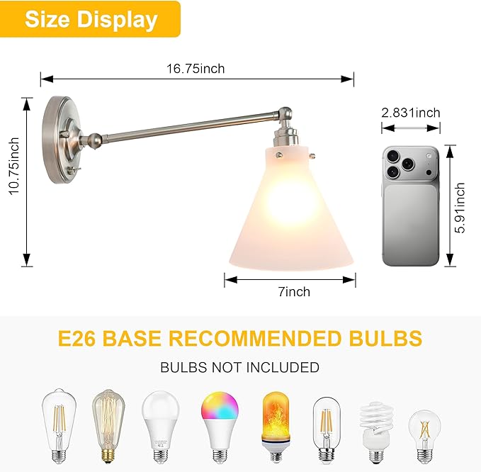 Industrial Vintage Slope Pole Wall Mount Single Sconce with Funnel Flared Clear Glass Shade, Swing Arm Wall Sconce Light Lamp Fixture Hardwired