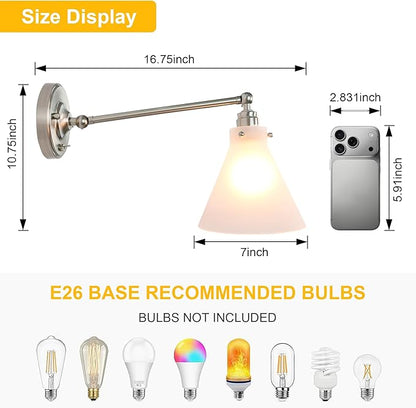 Industrial Vintage Slope Pole Wall Mount Single Sconce with Funnel Flared Clear Glass Shade, Swing Arm Wall Sconce Light Lamp Fixture Hardwired