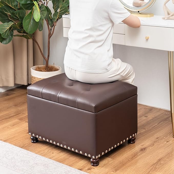 Adeco Bonded Leather Square Tufted Storage Footstool, 18" ottoman, Dark Brown
