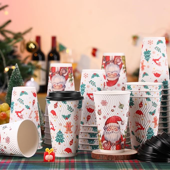 Lamosi 50 Pack 16 OZ Christmas Coffee Cups with Lids, Christmas Insulated To Go Coffee Cups, Hot/Cold Beverages Xmas Winter for Home Office Holiday Party