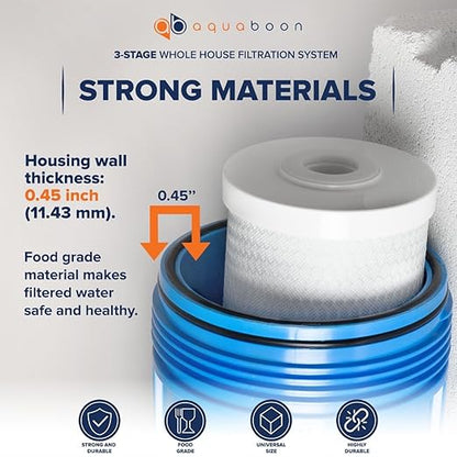 Aquaboon 3 Stage Whole House Water Filter System with Prefilter & Big CTO, Anti-Scale, Sediment Filters, Gauge & Release, Wrench, Freestanding Frame