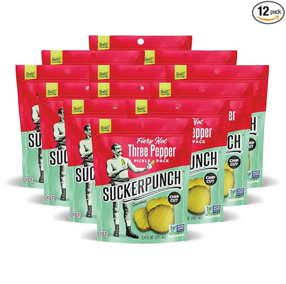 SuckerPunch Three Pepper Pickle Chips, Snack Pack, Gluten Free, Kosher, Sugar Free, Low Calorie, Low Carb, Ready to Eat, on the Go, Non GMO, Keto Friendly, Vegan, 3.4 Oz, Single Serve Pouch, 12 Pack