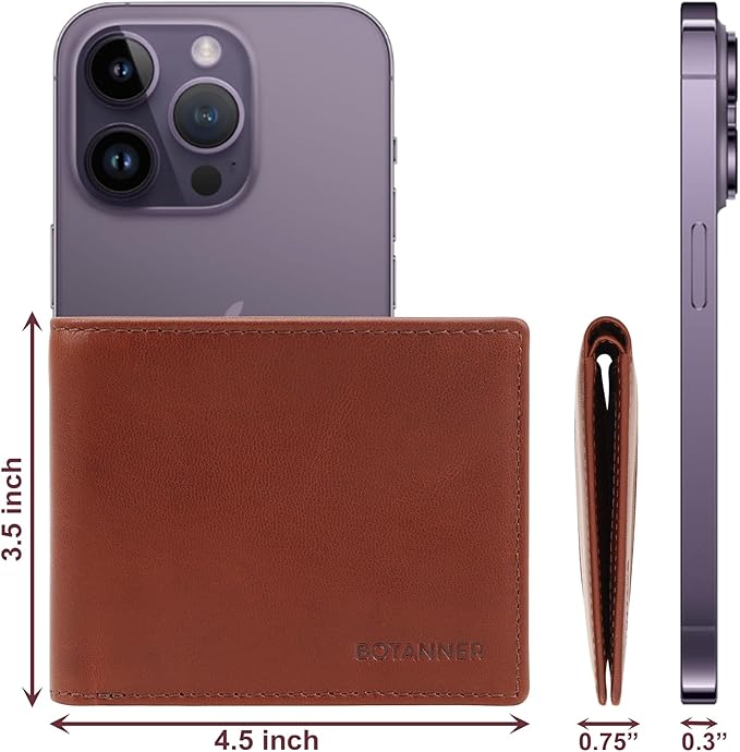 Genuine Leather Mens Bifold Wallet | RFID Blocking, 8 Credit Card Slots, 2 Sections for Bills & 2 Additional Slots | Dark walnut brown