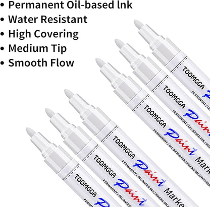 White Paint Pens Permanent Paint Markers - 6 Pack Oil Based Marking Pens, Medium Point, Quick Drying and Waterproof Pens for Rock Painting Car Tyre Metal, Plastic, Canvas, Wood
