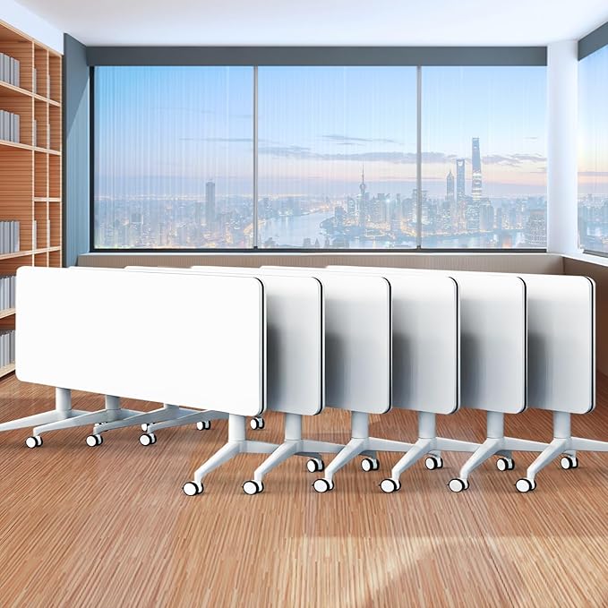 Folding Conference Table,Movable Conference Room Table with Wheels,White Wood Rectangular Conference Table with Modern Business Style,Modular Meeting Training Tables for Office Classroom(6,70.8'')