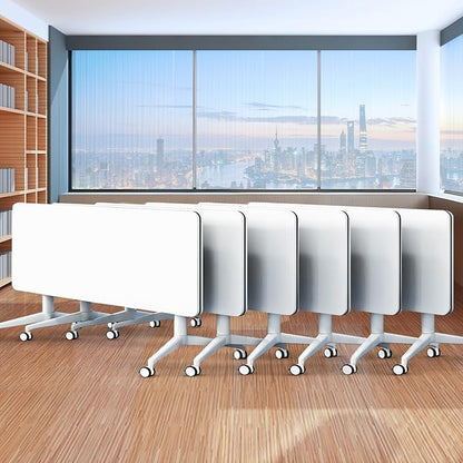 Folding Conference Table,Movable Conference Room Table with Wheels,White Wood Rectangular Conference Table with Modern Business Style,Modular Meeting Training Tables for Office Classroom(6,70.8'')