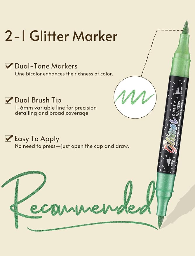 48 Colors Glitter Markers Pens Dual Tip 24 Pack Glitter Brush Markers Professional Glitter Paint Pens Set Sparkle Pen for Coloring, Journals, Planners, Scrapbooking & Card Making