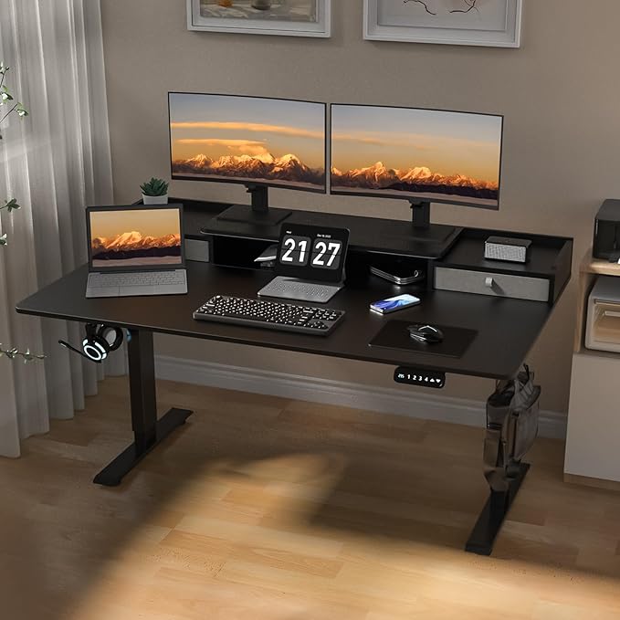 63 x 30 Inch Standing Desk with 2 Drawers, Adjustable Height Widened Stand Up Desk with Storage, Sit to Stand Ergonomic Workstation for Home Office, Classic Black