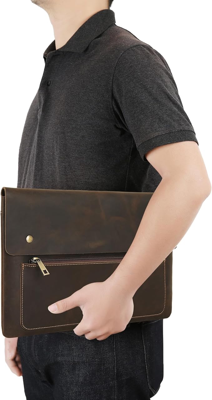 Genuine Leather Sleeve for 13/14/15-in MacBook Pro & MacBook Air, Slim Protective Laptop Case, Folio Document Organizer Leather Folder Portfolio-Dark Kahki