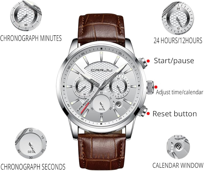CRRJU Men's Business Casual Chronograph Quartz Waterproof Wristwatch Black Leather Strap