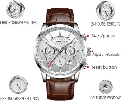 CRRJU Men's Business Casual Chronograph Quartz Waterproof Wristwatch Black Leather Strap